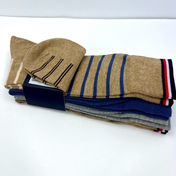 TOMMY HILFIGER,MEN’S DRESS CREW SOCKS, 4 PAIRS DECORATIVE TAN,GREY, BLUE 1 SIZE - Picture 14 of 16